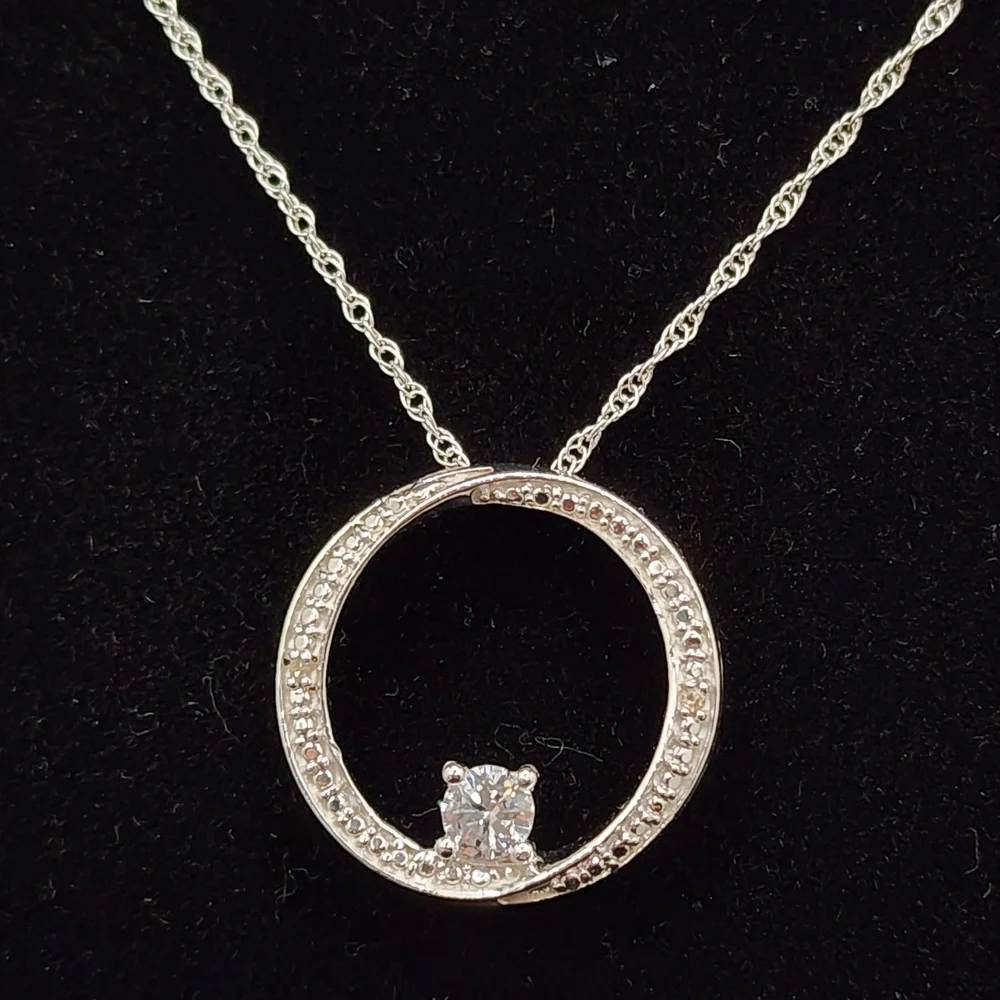 Sterling Silver White Sapphire And Natural Accent Diamond 16" Necklace VVS1 - Picture 4 of 4